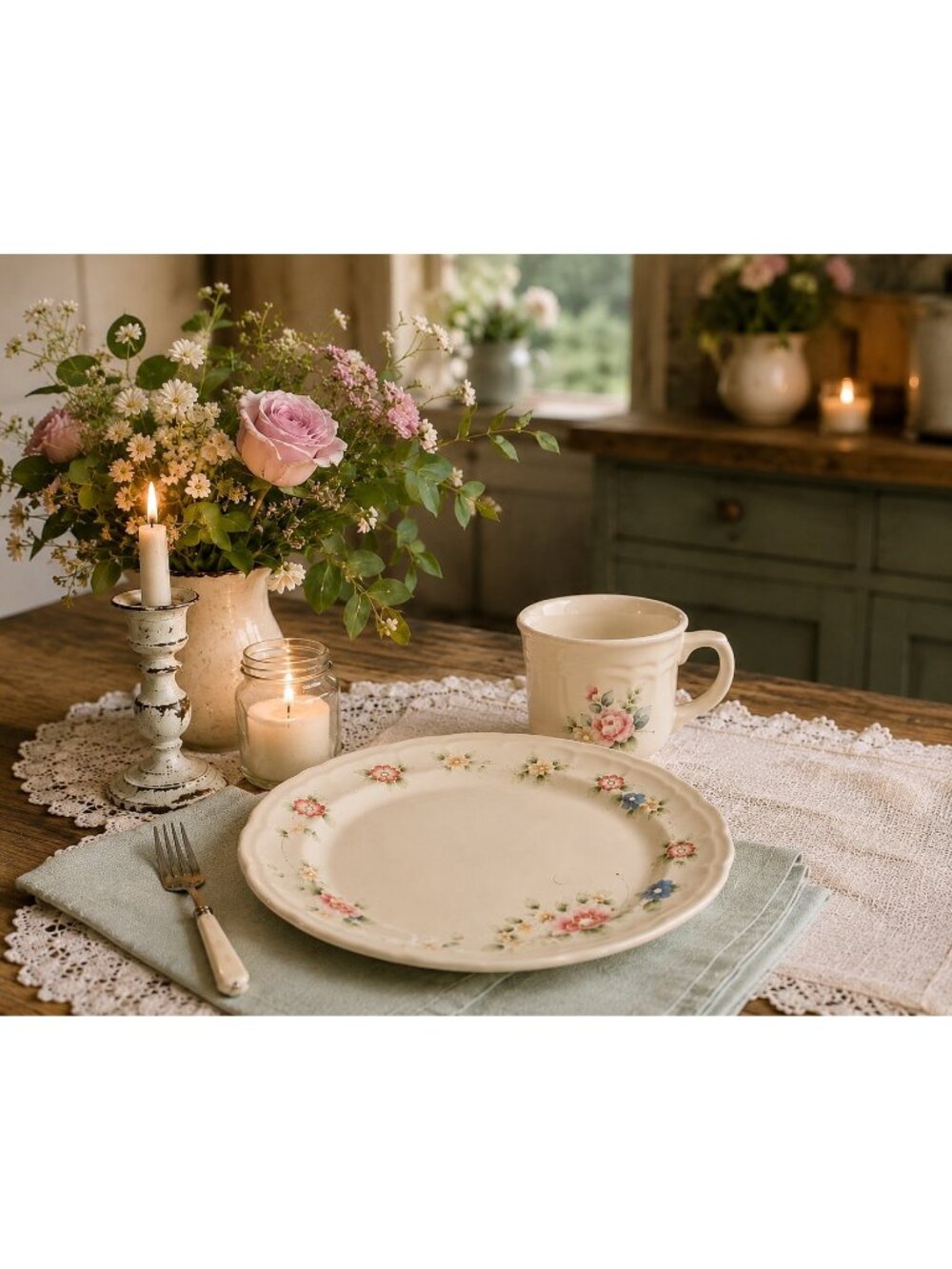 VTG 80s Pfaltzgraff Tea Rose Dinnerware Set 1 Plate 1 Cup Floral Stoneware